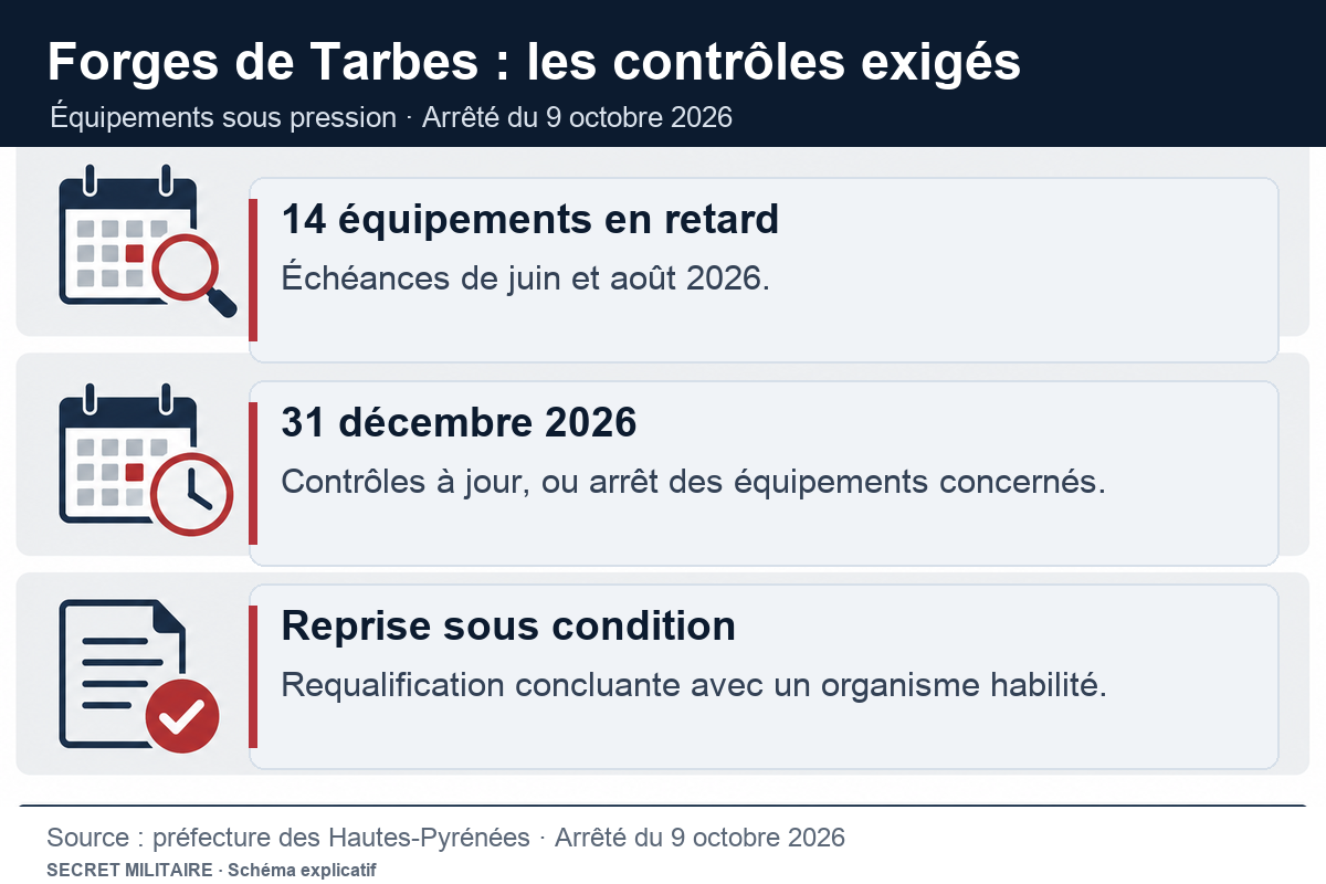 Schéma : quatorze équipements sous pression en retard de requalification, échéance du 31 décembre 2026 et reprise après contrôle concluant.