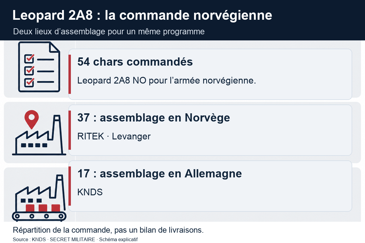Répartition de la commande norvégienne : 54 Leopard 2A8 NO, dont 37 pour la ligne de Levanger et 17 pour KNDS en Allemagne.