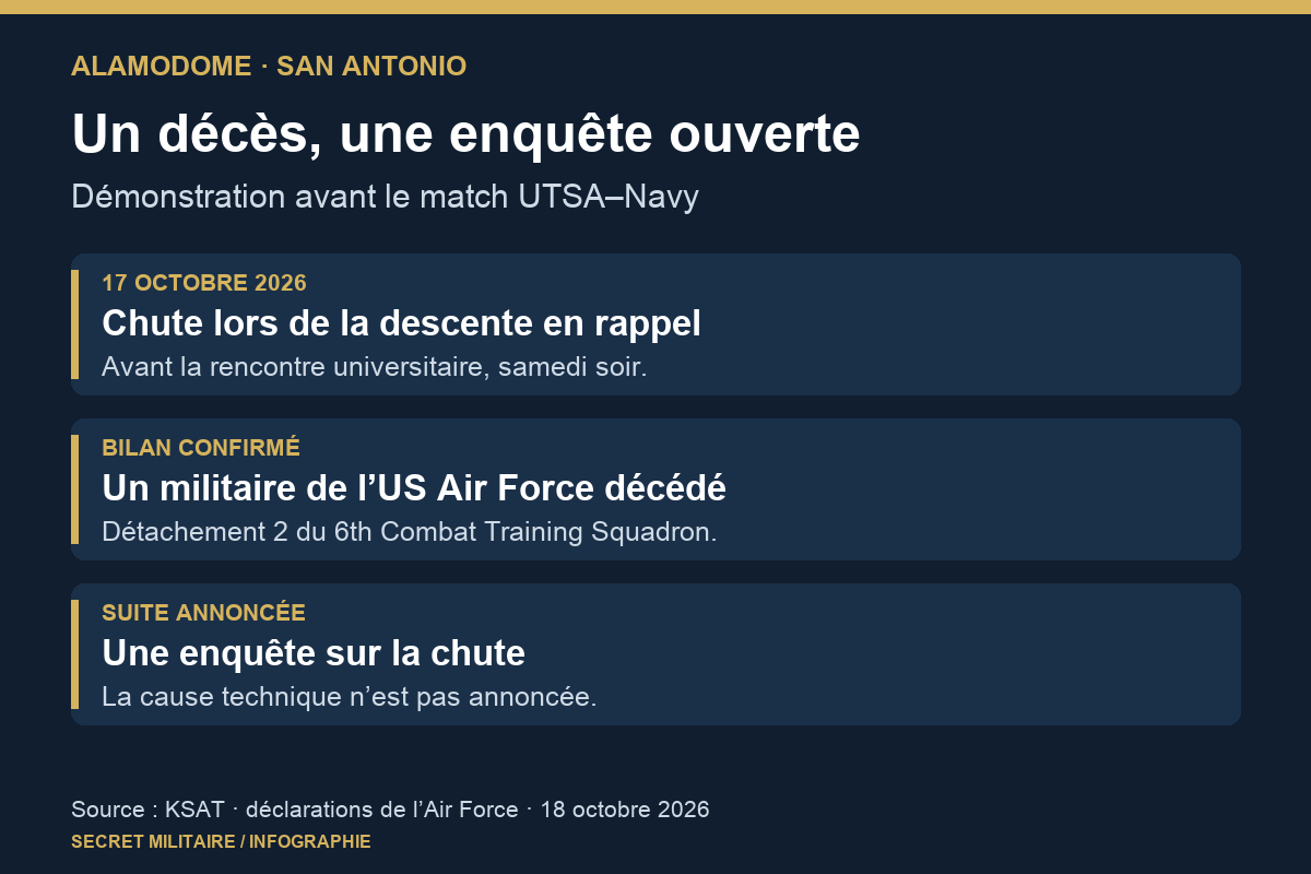 Infographie : chute le 17 octobre avant UTSA–Navy, décès confirmé d’un militaire de l’US Air Force, enquête ouverte sans cause technique annoncée.