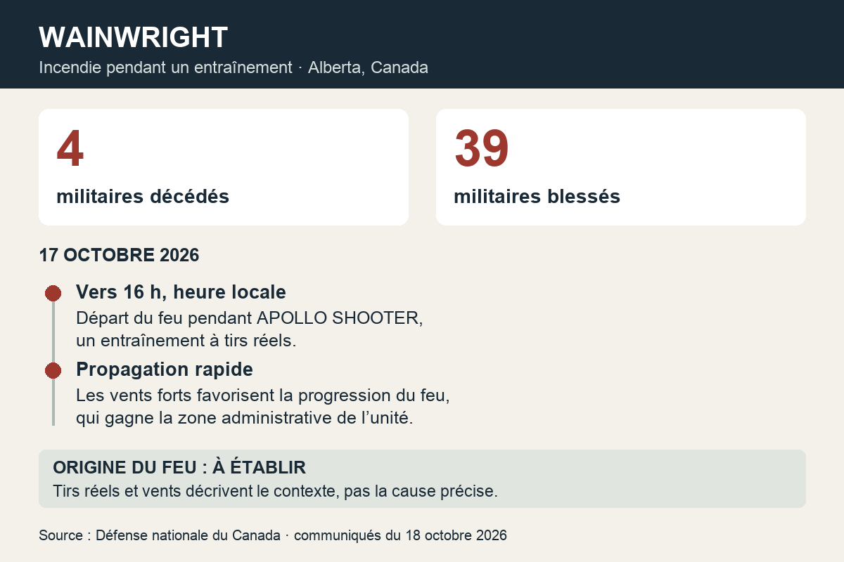Bilan officiel de Wainwright : 4 militaires décédés et 39 blessés ; départ du feu le 17 octobre vers 16 heures, propagation favorisée par les vents et origine à établir.